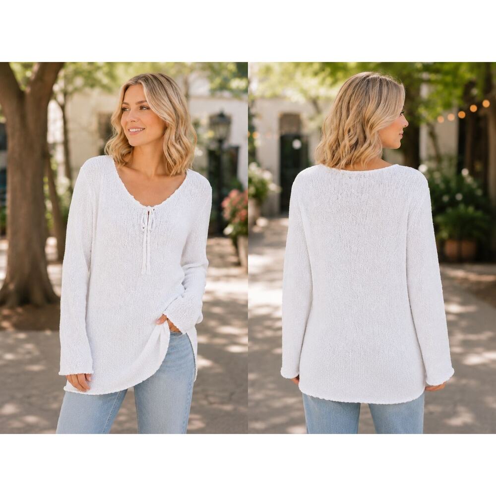 Lauren Ralph Lauren White Knit Tie Front V-Neck Sweater XL Cottage Core NWT